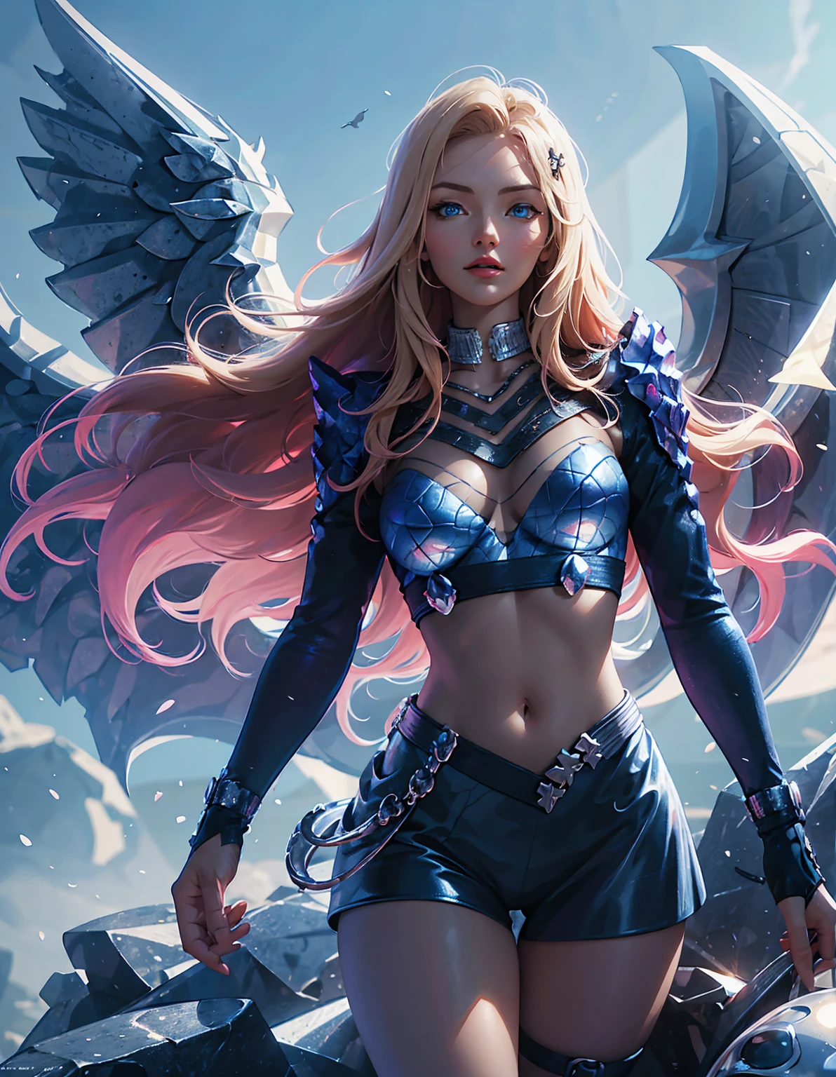 Detailed textures, high quality, high resolution, high accuracy, realism, color correction, correct lighting settings, harmonious composition. a digital illustration of a woman with angelic wings on a battlefield, 1girl, skull, breasts, navel, solo, long hair, blue eyes, looking at viewer, skeleton, large breasts, wings, red lips, blonde hair,skull