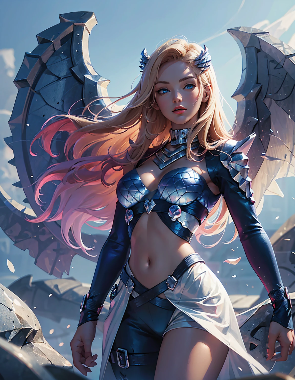 Detailed textures, high quality, high resolution, high accuracy, realism, color correction, correct lighting settings, harmonious composition. a digital illustration of a woman with angelic wings on a battlefield, 1girl, skull, breasts, navel, solo, long hair, blue eyes, looking at viewer, skeleton, large breasts, wings, red lips, blonde hair,skull