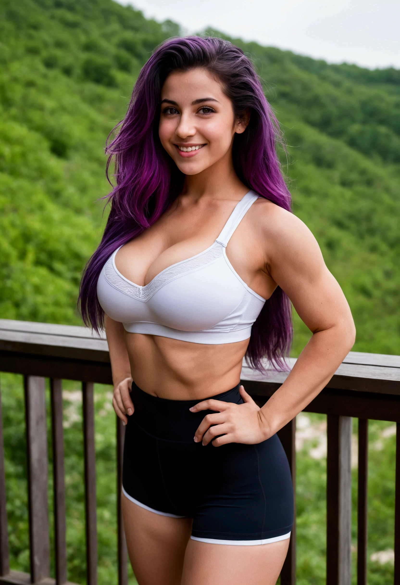 [white-skinned woman:1.2, long swirled hair:1.2, dark purple hair, tight white yoga shorts and bra, small nose, happy grin, bright pink eyes], young woman, 21 year old woman, perfect body, massive breasts, huge chest, enormous breasts, huge cleavage, thin waist, super thin waist, heart shaped hips, heart shaped booty bump, muscular thighs, toned body, visible abs, abs protruding through clothes, portrait, looking back at viewer, VSCO filter: C8)