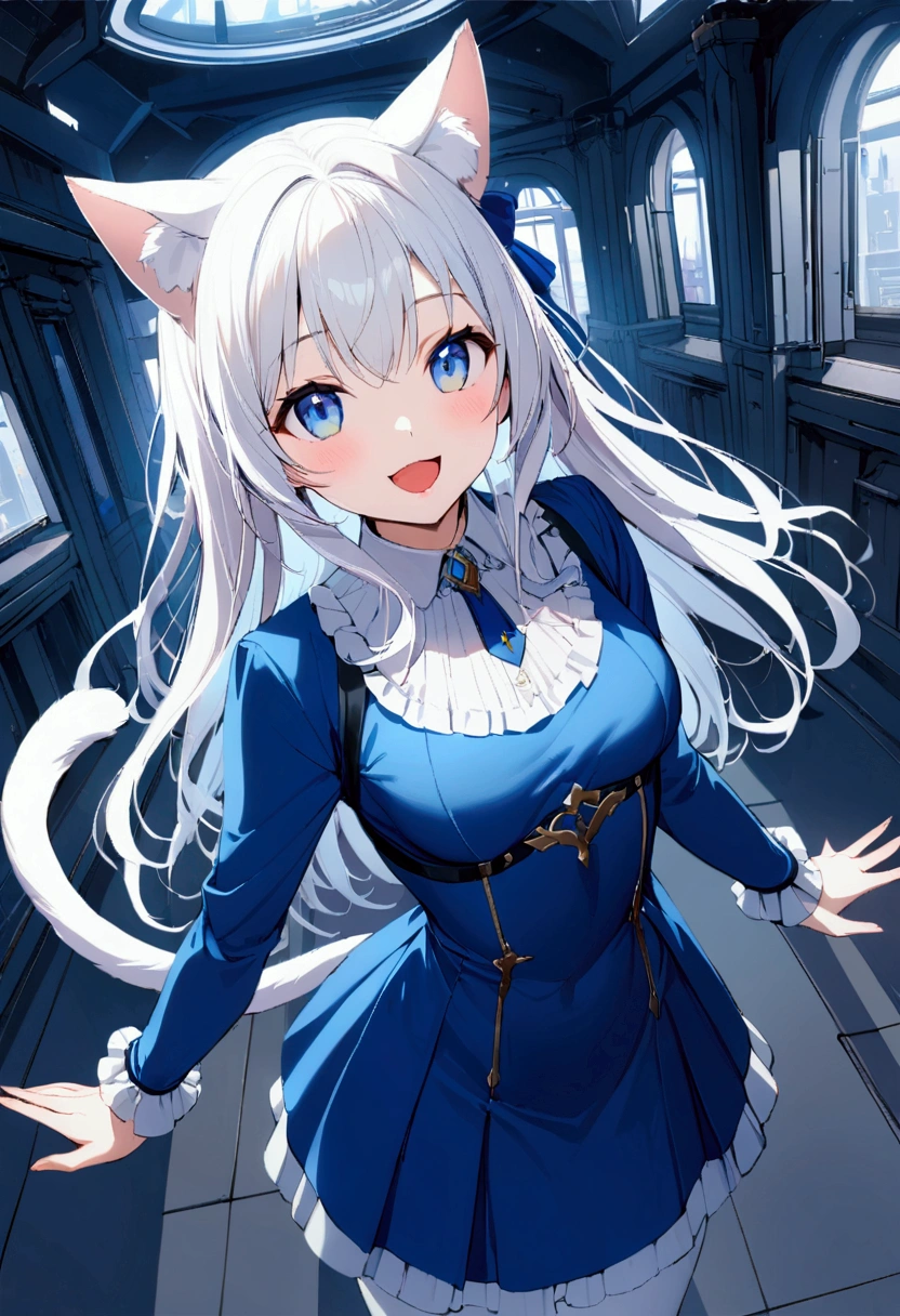 1girl with (((long))) white hair, blue eyes, slim body, blue dress, cat ears, cat tail, steel hall, medium breasts, white stockings, smiling, spaceship, indoors, open mouth, in hall, upper view