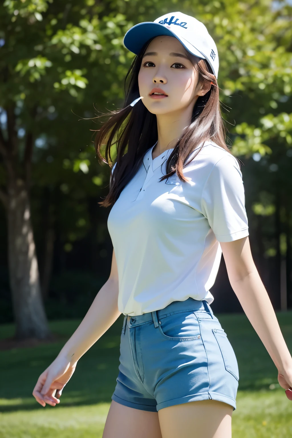 Wonyoung Jang,1 woman, dynamic angle, From the golf course view, full body view, Light blue golf short sleeve t-shirts, Light Tracing, (long hair blowing in the wind), hot sun, (white baseball cap),professional model, (realistic:1.4), official art, fractal art,unity 8k wallpaper, very detailed, beautiful and aesthetic,look at the viewer, masterpiece,best quality, glowing skin, cinematic lighting