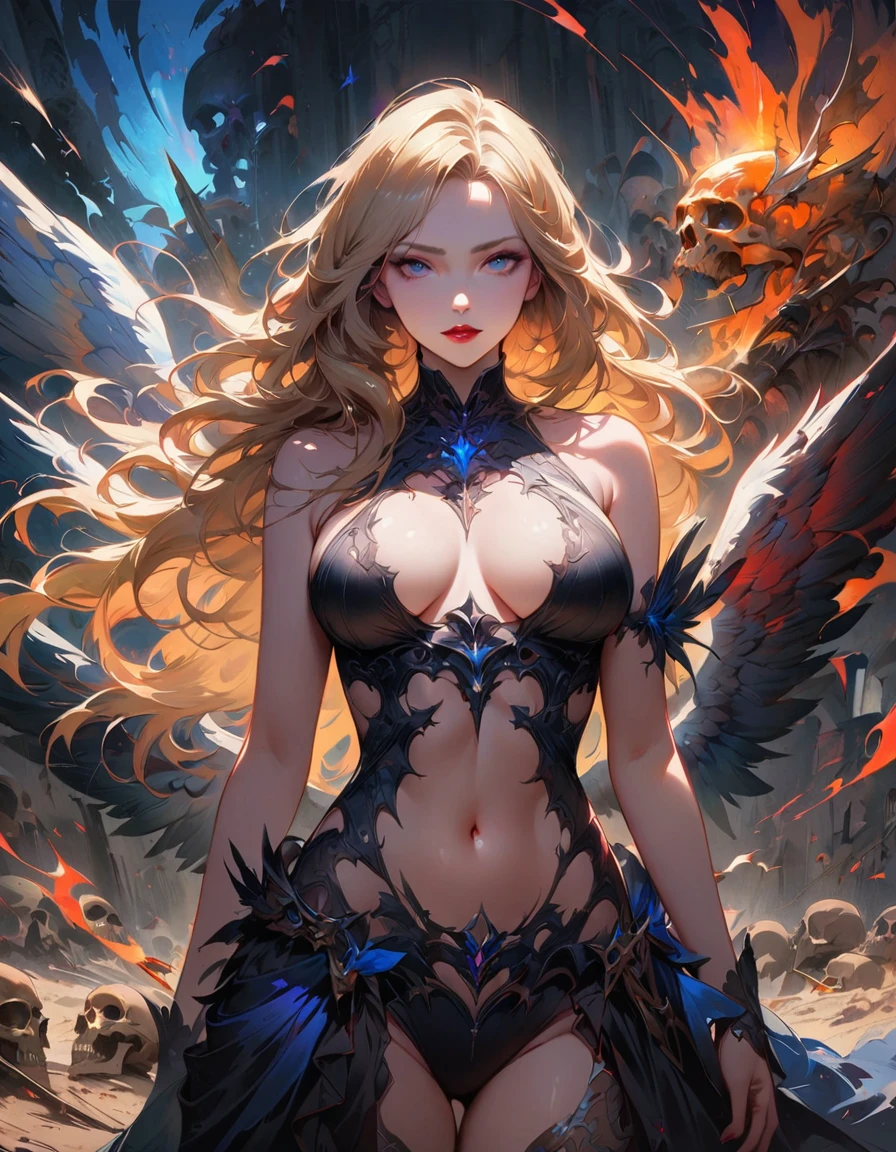 Detailed textures, high quality, high resolution, high accuracy, realism, color correction, correct lighting settings, harmonious composition. a digital illustration of a woman with angelic wings on a battlefield, 1girl, skull, breasts, navel, solo, long hair, blue eyes, looking at viewer, skeleton, large breasts, wings, red lips, blonde hair,skull