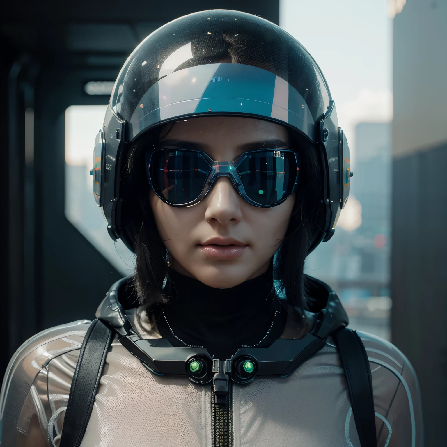 a close up of a woman wearing a futuristic plastic, PVC, polymer helmet and goggles ((transparent)), cyberpunk art by Beeple, trending on cgsociety, digital art, style hybrid mix of beeple, futuristic but colorful shading, beeple. hyperrealism, beeple style, cyberpunk vibrant colors, realism | beeple, futuristic art style, beeple!!