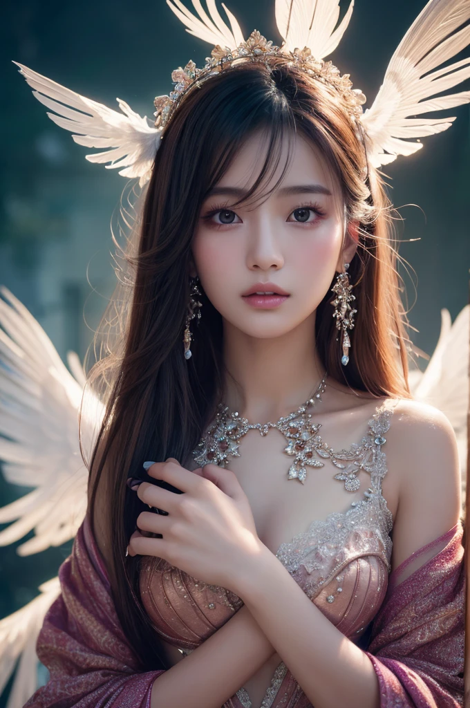 fashionアート,(8k), (Highest quality: 1.2), (Realistic), (Realistic: 1.37), Ultra-high resolution,Sex education training、Illuminated with enchanting lighting、 A stunning and surreal fashion portrait featuring a 17-year-old Japanese model, Feathery hair gives off an angelic beauty. She wears a fashionable and captivating outfit that highlights her super-real skin, Gives a vibrant and dreamy atmosphere. The Cinematic lighting and composition create an otherworldly atmosphere, As if it had fallen from heaven. The background is dreamy, abstract landscape that enhances the overall enchanting and fashionable aesthetic of the photograph., fashion, Cinematic, photograph, portrait photographgraphy