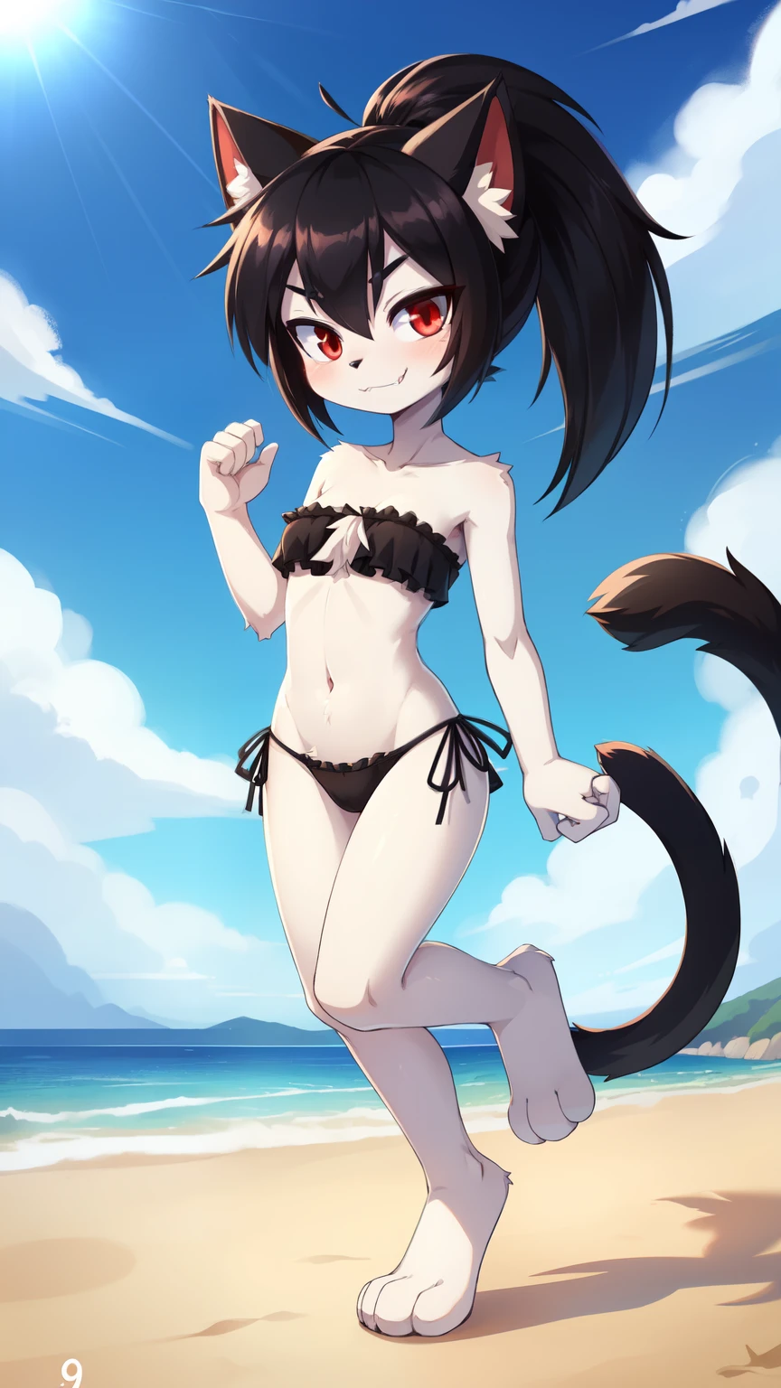 (1girl), long hair, (li:1.4), (pov, looking at viewer:1.2), blush, (leaning forward:1.3), white fur, wavy hair, collarbone, wide hips, black hair, (cowprint bikini, thighhighs, elbow gloves), beach, (smirk:1.2), best quality, masterpiece, absurdres, (shiny skin), ultra-detailed, fine detail, BREAK (hands on hips, spread legs:1.2)