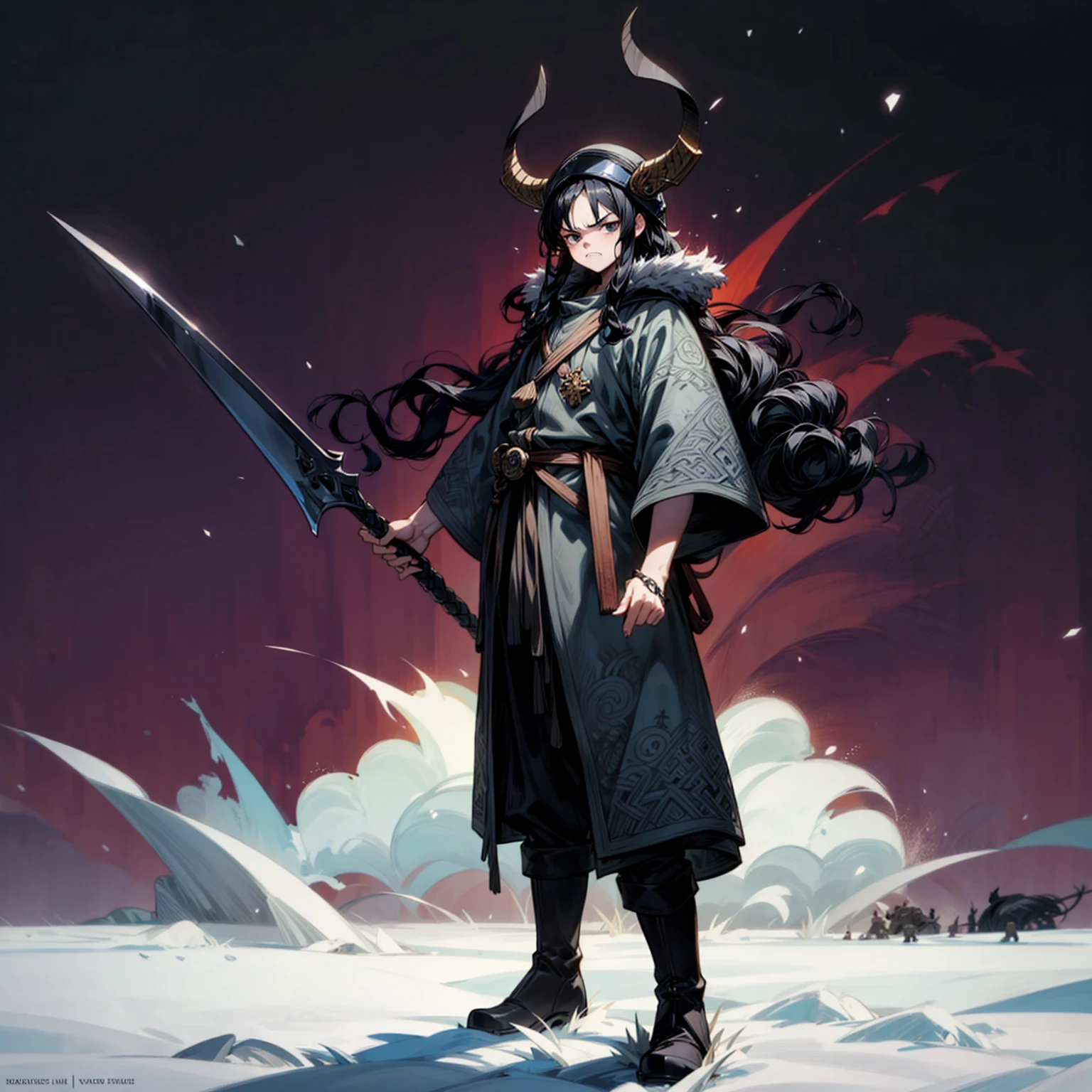 Grassroot, Full body version, solo, boy, black eyes, black hair, long curly hairstyle, Vikings style clothing, boots, Vikings helmets, full background in field snow, (one piece style art), standing gesture, angry eyes
