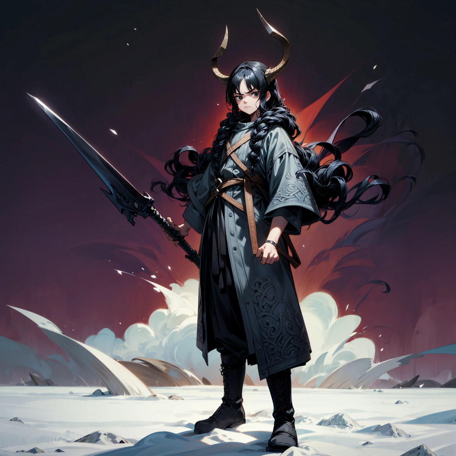 Grassroot, Full body version, solo, boy, black eyes, black hair, long curly hairstyle, Vikings style clothing, boots, Vikings helmets, full background in field snow, (one piece style art), standing gesture, angry eyes