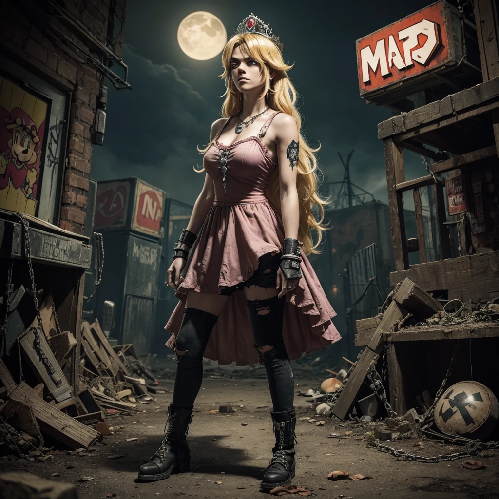 "Create a gritty, punk-style image featuring three characters: a distressed version of Princess Peach with long blonde hair, wearing a torn pink dress with a crown logo, and chains around her wrists. She stands between zombie-like versions of Mario and Luigi, both in their signature outfits but looking ragged and chained. The background is dark and grungy with a post-apocalyptic vibe. Include the 'Super Mario' and 'Super Nintendo' logos, a floating 1-Up mushroom, and other small details enhancing the dark theme. Use a detailed and somewhat grotesque comic book art style with heavy shading and textures."