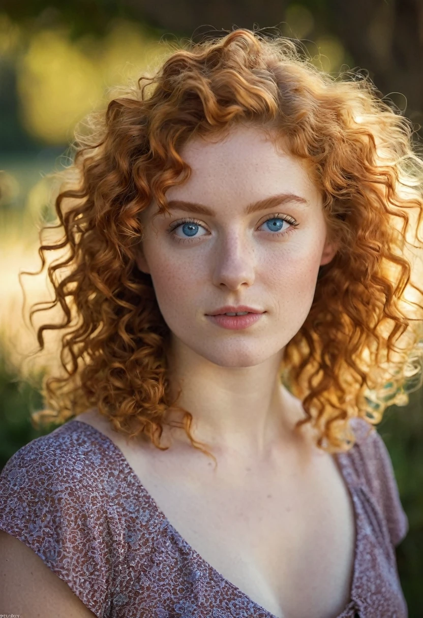 "A young woman with fair skin adorned with freckles on her cheeks is photographed in full body, displaying an athletic figure. The ultra-realistic photograph, taken with a high-fidelity camera, captures every intricate detail of her skin texture, the vibrant color and natural curls of her red-brown hair, and the captivating depth of her brown eyes. Her curly locks cascade down in luscious waves, each strand shimmering under the soft, natural light. The freckles on her cheeks add a charming touch to her flawless complexion, giving her a youthful and playful look. She is wearing tight short jeans and a very tight crop top that accentuates her big breasts. She is walking through a forest, looking back at the camera while laughing, her eyes sparkling with joy."
