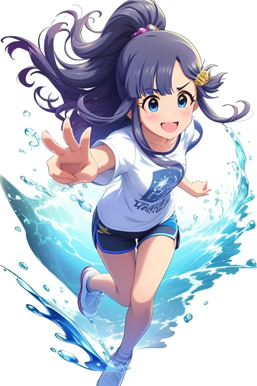 2D, anime, anime coloring, (solid white background:1.3) Asari Nanami,
long hair, blue eyes, blue hair, smile, open mouth, 1girl, hair ornament, bangs, fish hair ornament, fish, solo, blush, full body, stand, t-shirt, white shirt, jean jacket,((shorts)), shorts rolled, white sneaker shoe, wavy hair, water