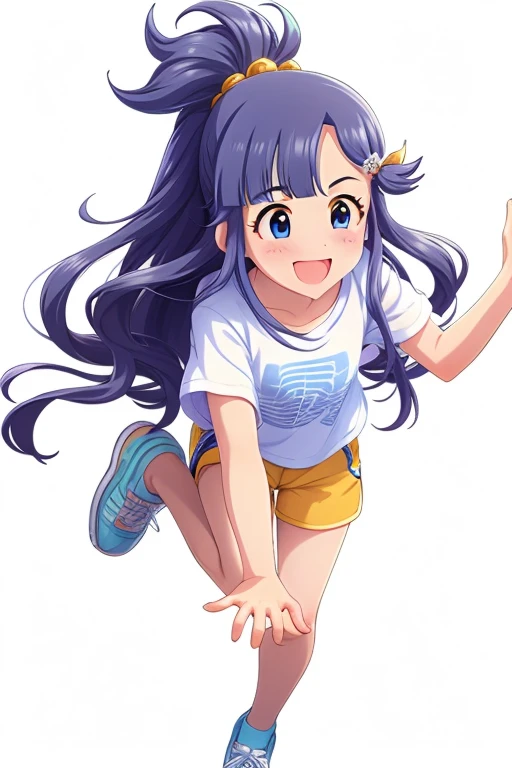 2D, anime, anime coloring, (solid white background:1.3) Asari Nanami,
long hair, blue eyes, blue hair, smile, open mouth, 1girl, hair ornament, bangs, fish hair ornament, fish, solo, blush, full body, stand, t-shirt, white shirt, jean jacket,((shorts)), shorts rolled, white sneaker shoe, wavy hair, water