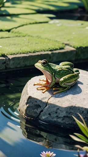 There was a frog sitting on a rock at the edge of the pond drawn in watercolor