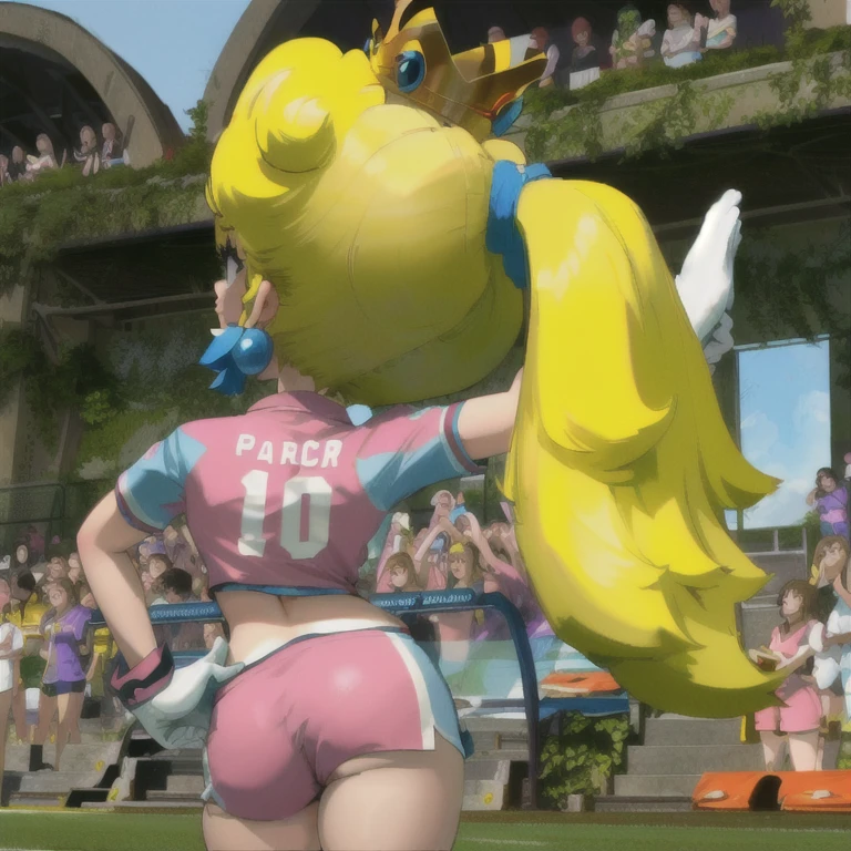 masterpiece, best quality, 4k, high res, detailed, cartoon, cartoon artstyle, anime, 1girl, solo, detailed face, highest quality, 1girl, solo, long hair, breasts, blue eyes, blonde hair, ponytail, earrings, crown, princess peach, pink lipstick, eyes closed, head turned to the side, wearing pink sports shorts and pink short-shorts, white gloves with purple cuffs, wide hips, narrow waist, hourglass figure, round ass, butt sticking out from shorts, left hand on hip, right hand raised up, (back shot:1.3), shot taken from behind, outdoors, detailed, detailed background, soccer stadium, crowds of people in the bleachers
