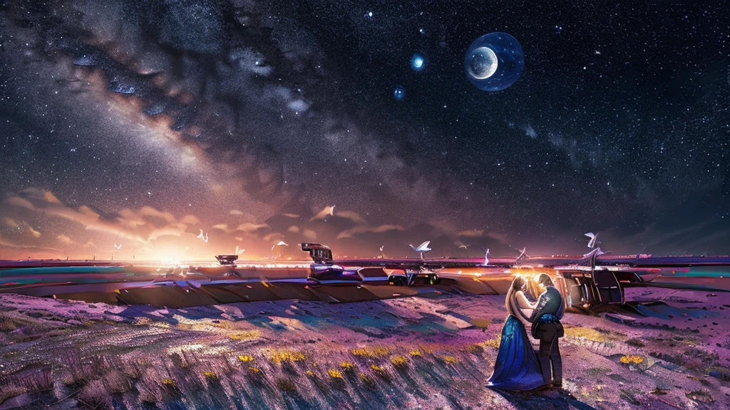 (((masterpiece))), Best Quality, illustration, sky, cloud, star \(symbol\),1 man, 1 girl, couple, intimate, lovers, evening, officer, evening sky, star y sky, Vibrant color scheme, luz outfit, (warm color:1.2), watercolor painting, light background, Best Quality exquisite details, 3D rendering, Octane rendering, plano general, from behind