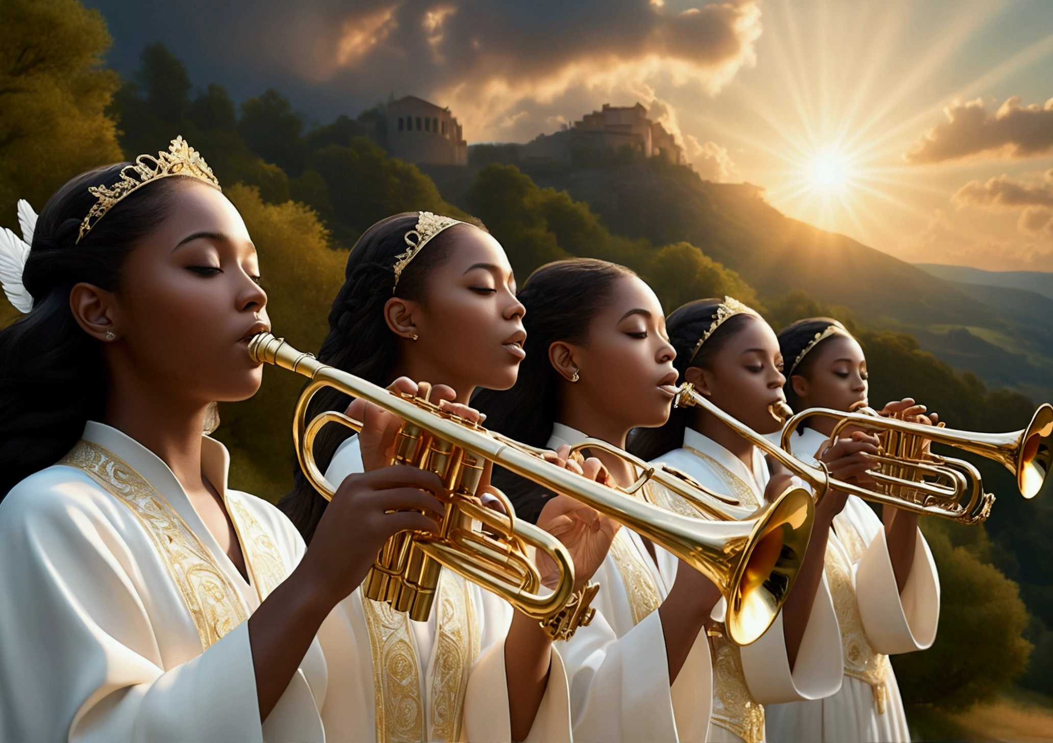 a divine angelic choir playing trumpets, ethereal celestial beings, heavenly landscapes, serene pastoral scenes, lush rolling hills, pristine forests, glowing golden light, shimmering celestial orbs, intricate cloud formations, dramatic chiaroscuro lighting, radiant heavenly atmosphere, masterful photorealistic rendering, impeccable attention to detail, (best quality,8k,highres,masterpiece:1.2),ultra-detailed,(realistic,photorealistic,photo-realistic:1.37),dramatic lighting,heavenly orchestral soundtrack
