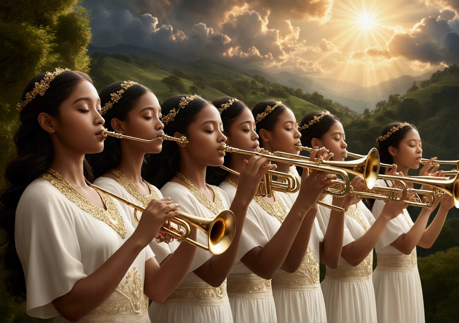 a divine angelic choir playing trumpets, ethereal celestial beings, heavenly landscapes, serene pastoral scenes, lush rolling hills, pristine forests, glowing golden light, shimmering celestial orbs, intricate cloud formations, dramatic chiaroscuro lighting, radiant heavenly atmosphere, masterful photorealistic rendering, impeccable attention to detail, (best quality,8k,highres,masterpiece:1.2),ultra-detailed,(realistic,photorealistic,photo-realistic:1.37),dramatic lighting,heavenly orchestral soundtrack