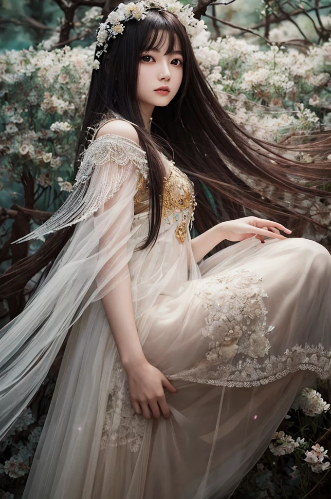 fashionアート,(8k), (Highest quality: 1.2), (Realistic), (Realistic: 1.37), Ultra-high resolution,Sex education training、Illuminated with enchanting lighting、 A stunning and surreal fashion portrait featuring a 17-year-old Japanese model, Feathery hair gives off an angelic beauty. She wears a fashionable and captivating outfit that highlights her super-real skin, Gives a vibrant and dreamy atmosphere. The Cinematic lighting and composition create an otherworldly atmosphere, As if it had fallen from heaven. The background is dreamy, abstract landscape that enhances the overall enchanting and fashionable aesthetic of the photograph., fashion, Cinematic, photograph, portrait photographgraphy