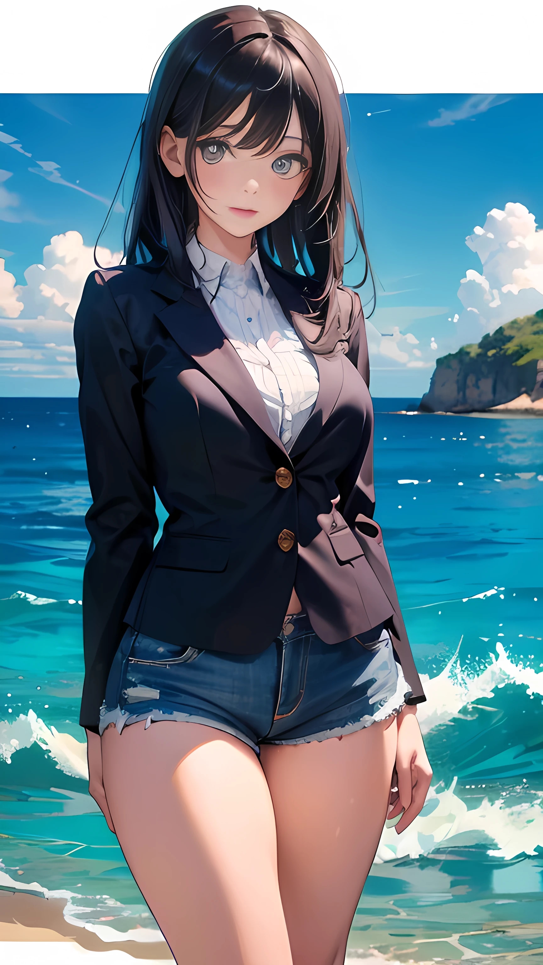 illustration:Ultra-delicate,A girl,25 years old,Black Blazer,Wearing thin lace underwear,Sexy thighs,Denim shorts,Black Hair,Long hair,Looking at the camera,Large Breasts,Turquoise sea