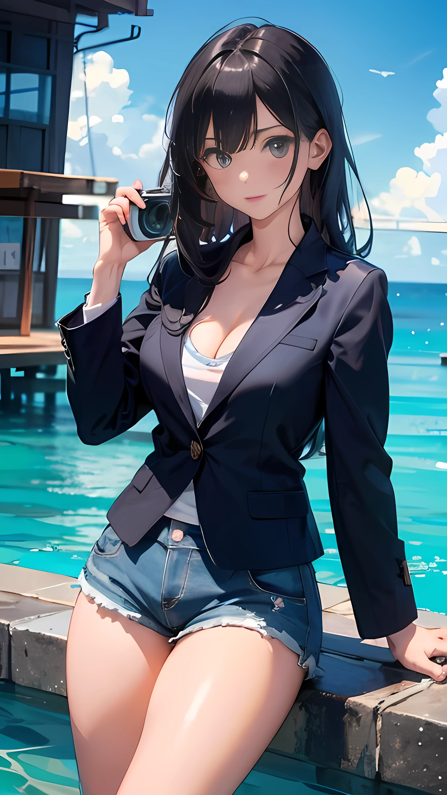 illustration:Ultra-delicate,one,25 years old,Black Blazer,Wear a thin white shirt,Sexy thighs,Denim shorts,Black hair,Long hair,Look at the camera,Big breasts,On the seaside,night