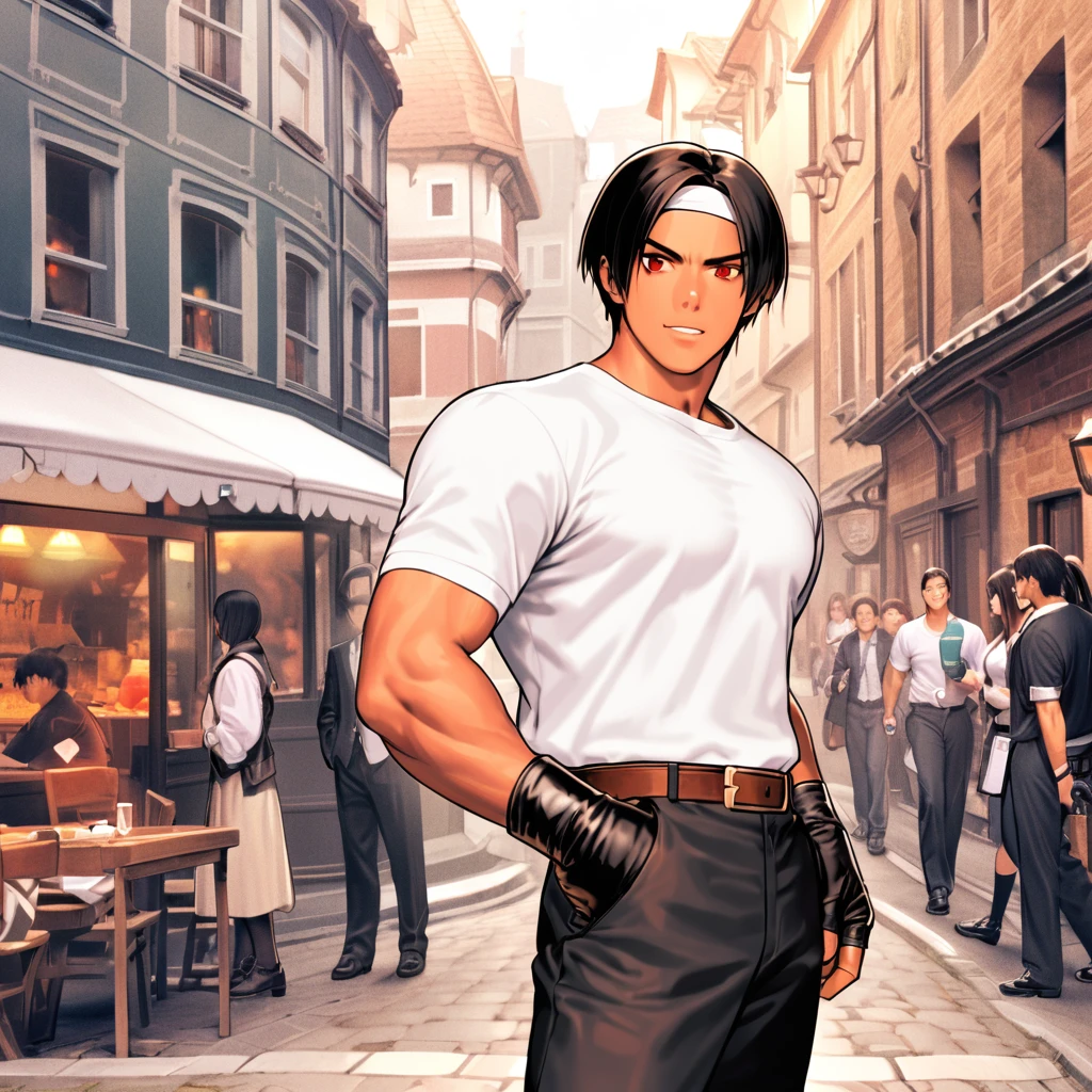 Orochikyo, 1 person,Dark Skin,Red eyes,Black jacket,Black Hair, Fingerless gloves, White T-shirt, White headband, Black trousers, White shoes, Brown belt, good looking,Outdoor, charm, masterpiece, High resolution, Detailed face,fine grain, Confident surprised face,School trip,Talking with friends at the inn,Eating hot pot,Laughing and talking