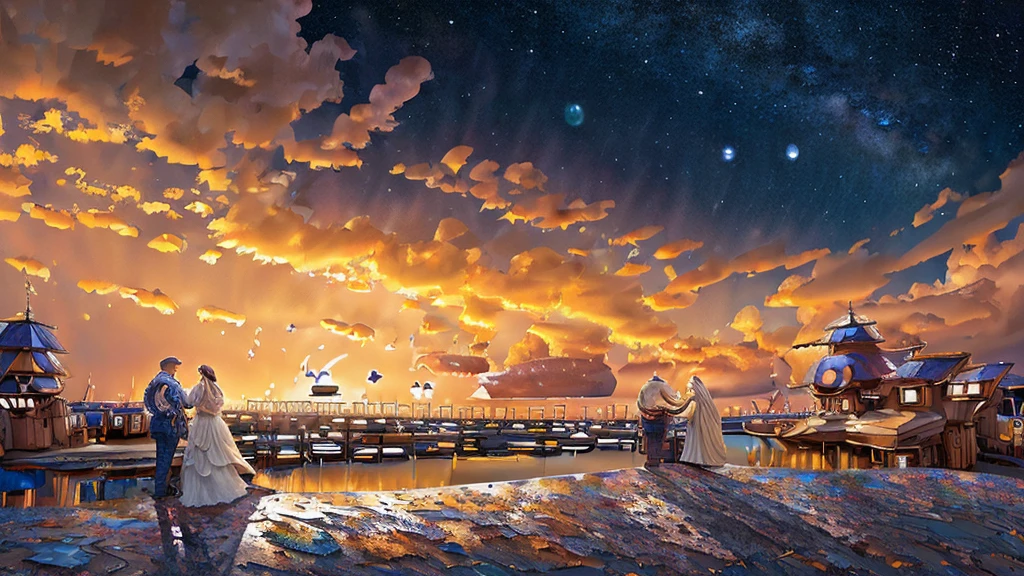 (((masterpiece))), Best Quality, illustration, sky, cloud, star \(symbol\),1 man, 1 girl, couple, intimate, lovers, evening, officer, evening sky, star y sky, Vibrant color scheme, luz outfit,(warm color:1.2), watercolor painting, light background, Best Quality exquisite details, 3D rendering, Octane rendering, plano general, from behind