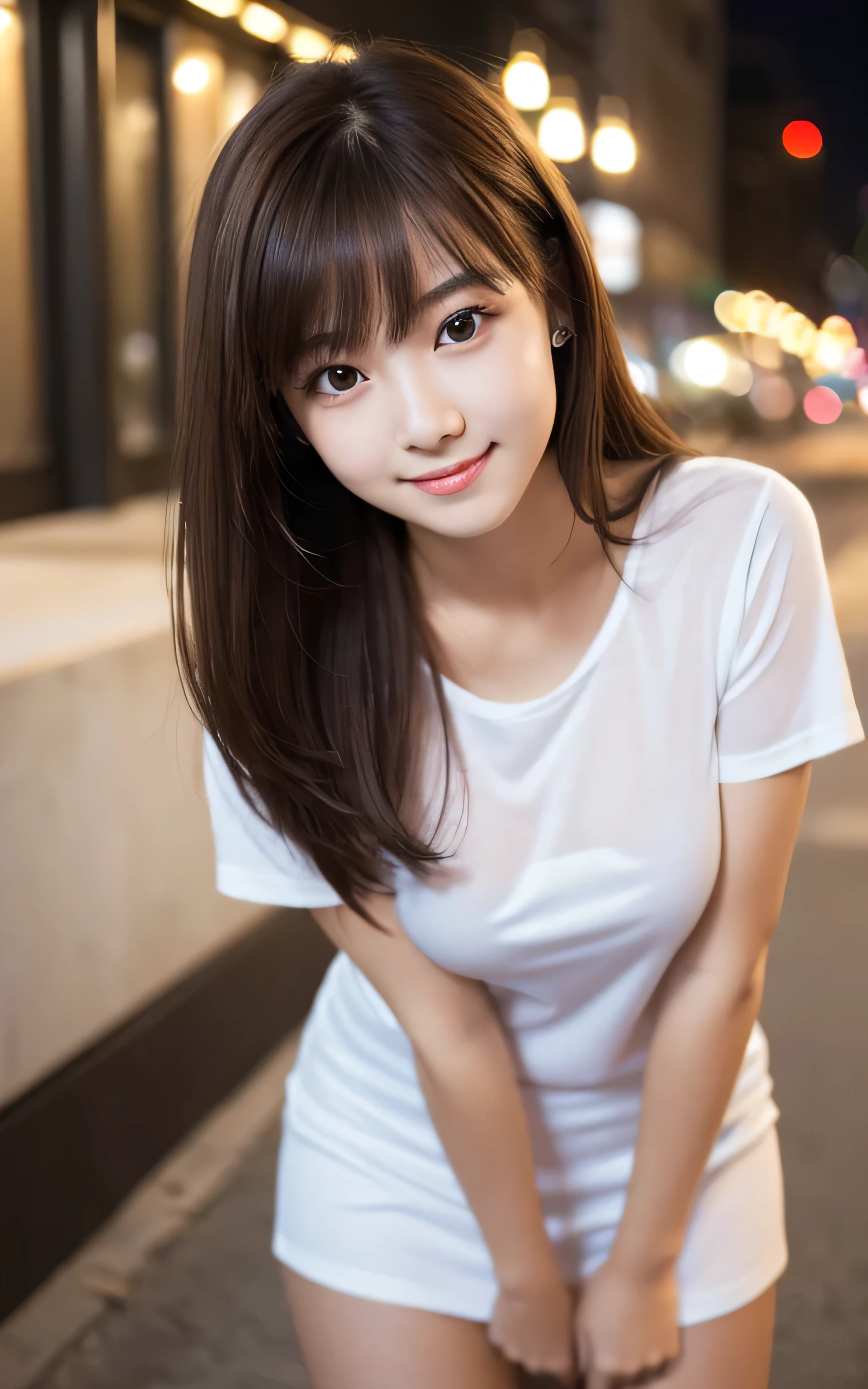 Tabletop, Highest quality, shape, Very detailed, High resolution, 8k wallpaper, Perfect dynamic composition, One Japanese woman,Beautiful and beautiful eyes, Cute eyes,Natural Lip,Mid-chest,,Full body pose,,white T-shirt,miniskirt,(see-through nipples:1.1),Downtown at night,Very fine grain definition,(Round face),beautiful girl,,Realistic,Tiny bangs,Droopy eyes,A shy smile,Brown Hair,Aligned teeth,