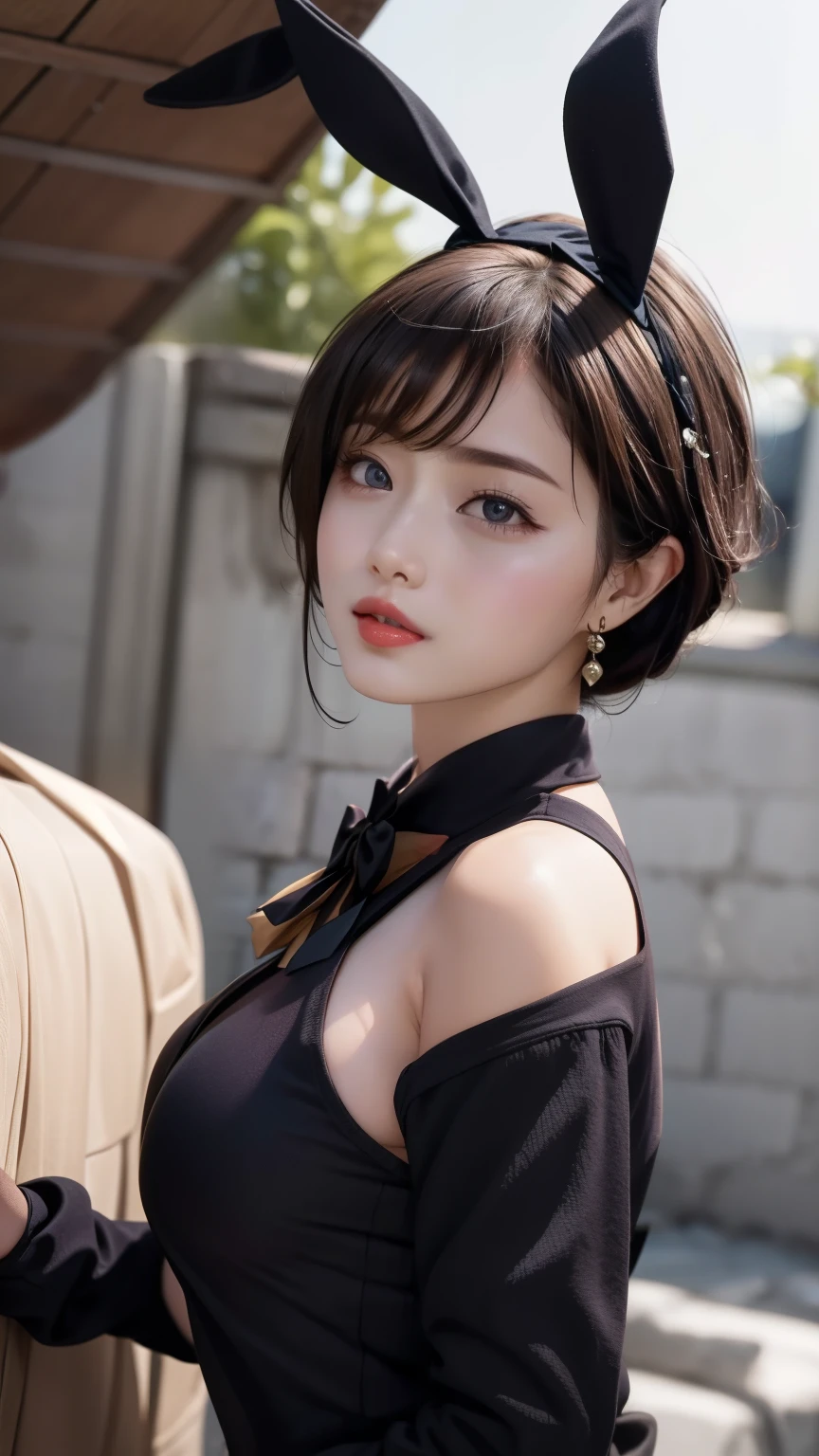 Highest quality、((Large Breasts:1.2))、Full body photography、Great light、Beautiful lighting、Natural Lip、Brown Hair、((Large Breastsの谷間が見える))、((Sexy black and purple bunny suit))、((Bunny ears headband、A bow tie))、Bunny girl、Gorgeous Accessories、Knee-high socks、Cute Smile、Dark Background