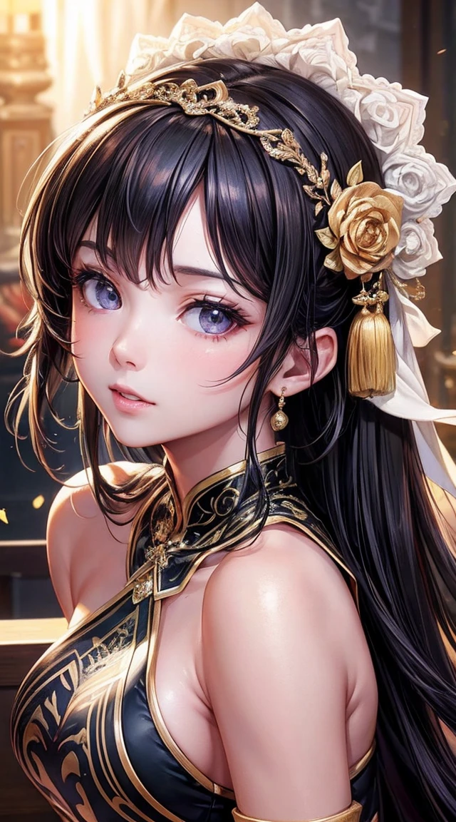 Best Quality, masterpiece, High resolution, One girl,chinese wedding dress,hair ornaments,collar, gem,Beautiful Face,about_body, Tyndall effect,Realistic, Dark studio, Rim Light, Two-tone lighting,(High definition skin:1.2), 8K Ultra HD, Digital SLR, Soft lighting, high quality, Volumetric lighting, Franco, Director of Photography, High resolution, 4K, 8k, Bokeh