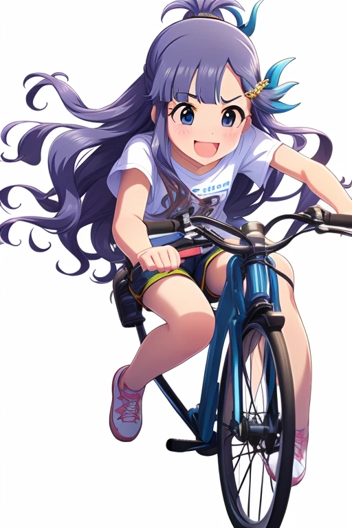 todoshizuko, purple hair, ponytail, hair ribbon, long hair, blue eyes, makeup,  old , empty eyes , large breasts, solo, nsfw, nipple, ride a bicycle, naked