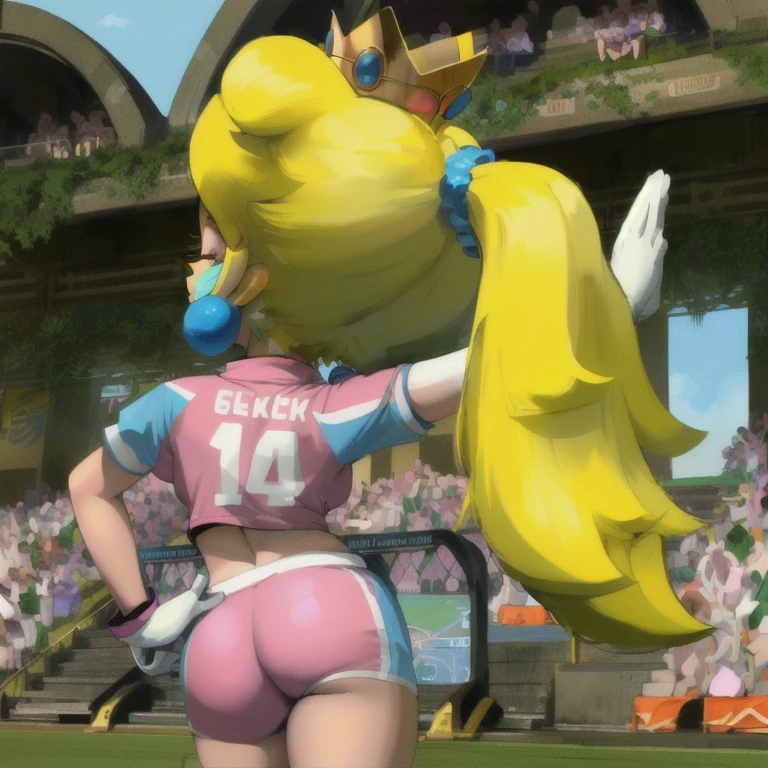 masterpiece, best quality, 4k, high res, detailed, cartoon, cartoon artstyle, anime, 1girl, solo, detailed face, highest quality, 1girl, solo, long hair, breasts, blue eyes, blonde hair, ponytail, earrings, crown, princess peach, pink lipstick, eyes closed, head turned to the side, wearing pink sports shorts and pink short-shorts, white gloves with purple cuffs, wide hips, narrow waist, hourglass figure, round ass, butt sticking out from shorts, left hand on hip, right hand raised up, (back shot:1.3), shot taken from behind, outdoors, detailed, detailed background, soccer stadium, crowds of people in the bleachers
