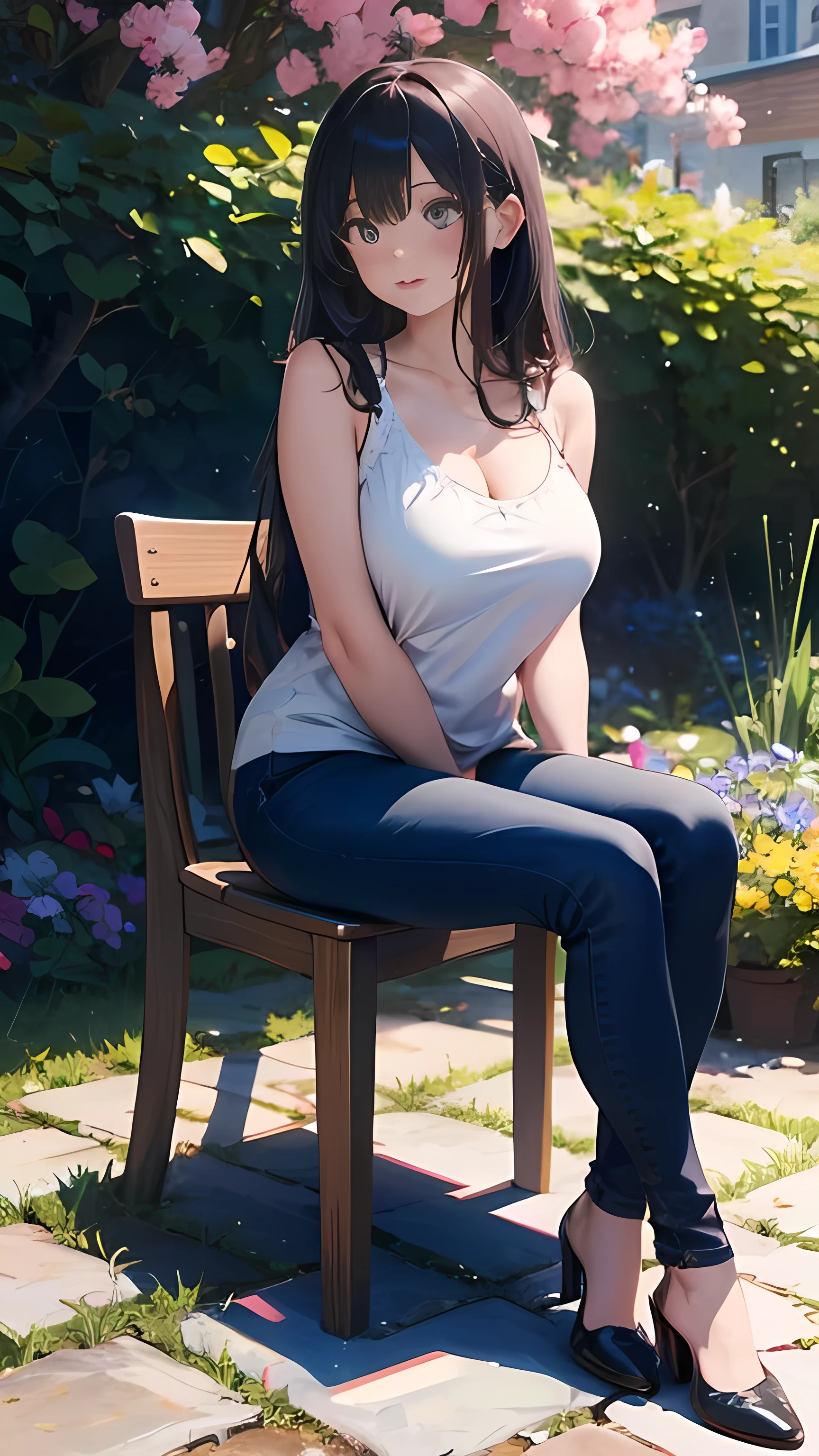 illustration：Ultra-delicate，White skin，Large Breasts:15，Black jeans1:5，Black 1:5，No shoulder straps1:5，Pink long hair，The background is the garden，There are chairs in the garden，sit on the chair，Cover your legs with a blanket，The furry blanket is still covering my legs