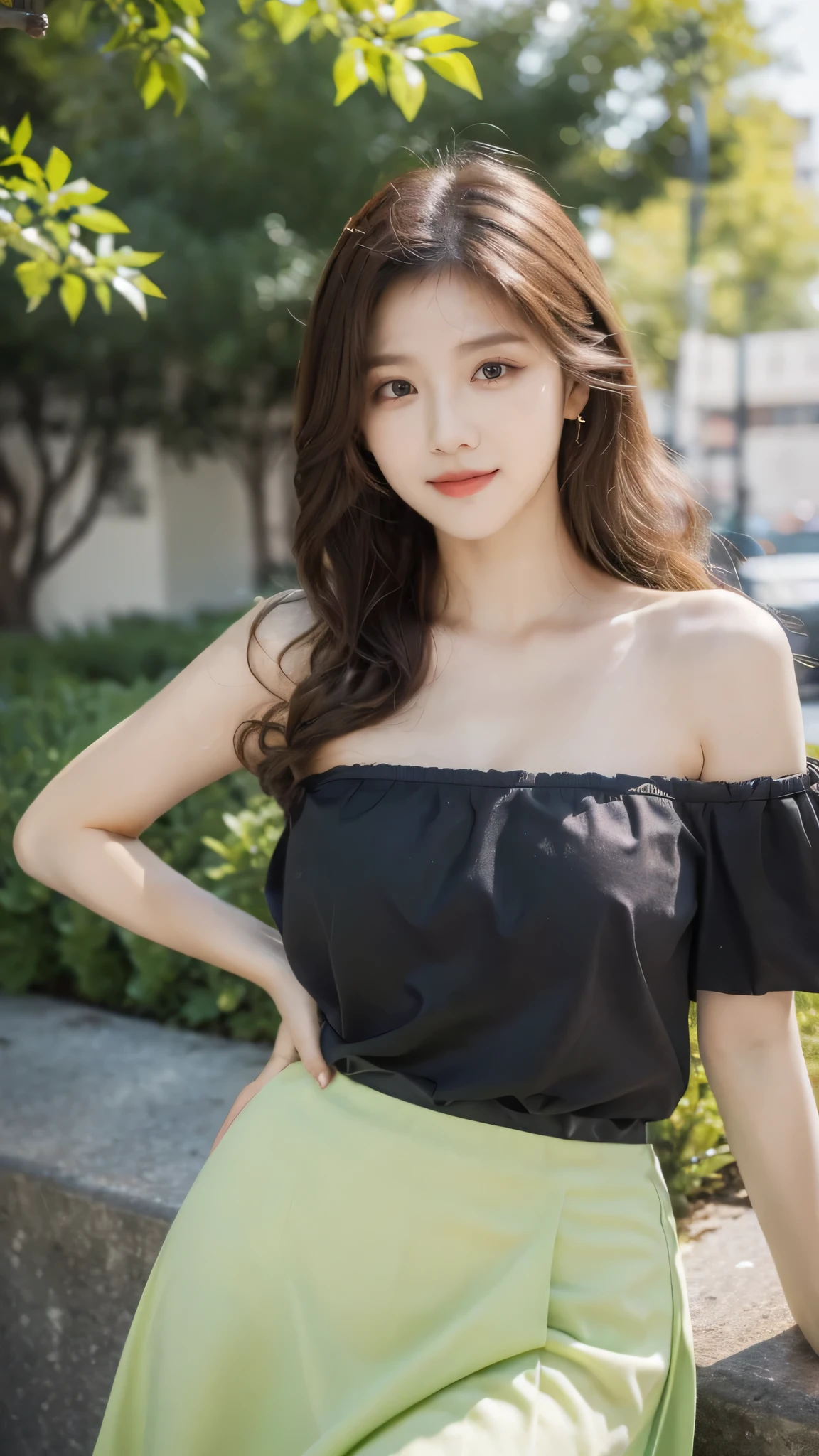 detailed background, masterpiece, best quality, 1 person , curly hair, long hair, purple eyes, star in eye ,lime green Strapless blouse, long  skirt