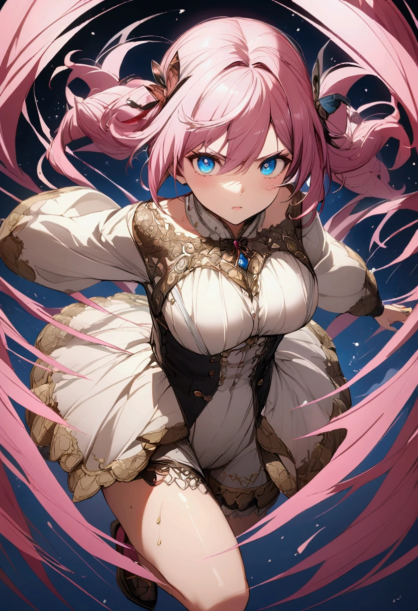 Attacking Bear、、Girl with pink hair、blue eyes、Twin Drill