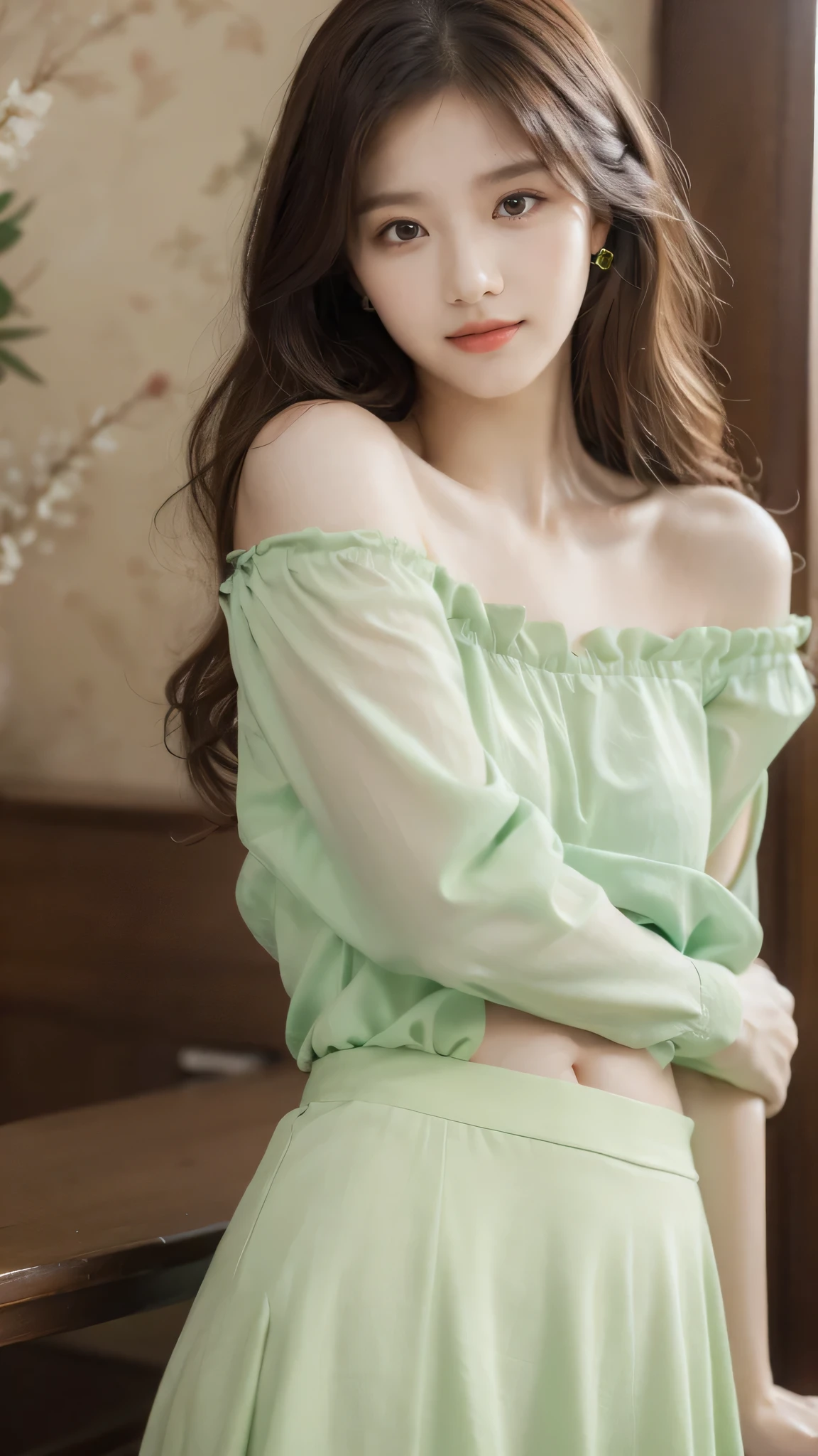 detailed background, masterpiece, best quality, 1 person , curly hair, long hair, purple eyes, star in eye ,lime green Strapless blouse, long skirt