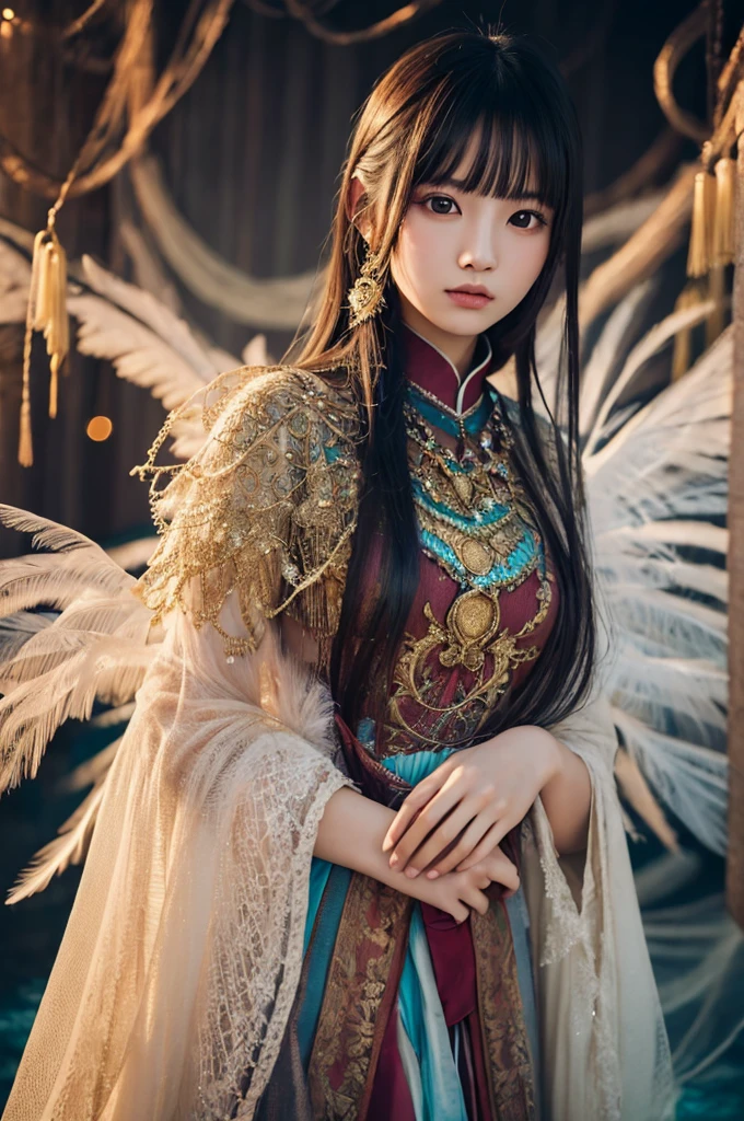 fashionアート,(8k), (Highest quality: 1.2), (Realistic), (Realistic: 1.37), Ultra-high resolution,Sex education training、Illuminated with enchanting lighting、 A stunning and surreal fashion portrait featuring a 17-year-old Japanese model, Feathery hair gives off an angelic beauty. She wears a fashionable and captivating outfit that highlights her super-real skin, Gives a vibrant and dreamy atmosphere. The Cinematic lighting and composition create an otherworldly atmosphere, As if it had fallen from heaven. The background is dreamy, abstract landscape that enhances the overall enchanting and fashionable aesthetic of the photograph., fashion, Cinematic, photograph, portrait photographgraphy
