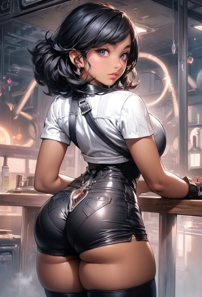 smiling Face ,nsfw, BDSM ,slave ,Black Bondage,((Best Quality, 8k, Masterpiece:1.3)),(Layer Cut, Big:1.2),Beautiful young girl with Perfect Figure: 1.4、Crisp Focus: 1.2, Slender Abs:1.2、Wet Body:1.5、Highly Detailed Face and Skin Texture, Detailed Eyes ,Double Eyelids ,short black Hair ,hair clip ,choker , looking back , panties ,garter belt , sombre background , rubber latex gloves, ass ,looking back, baseball balls on shelf next to her