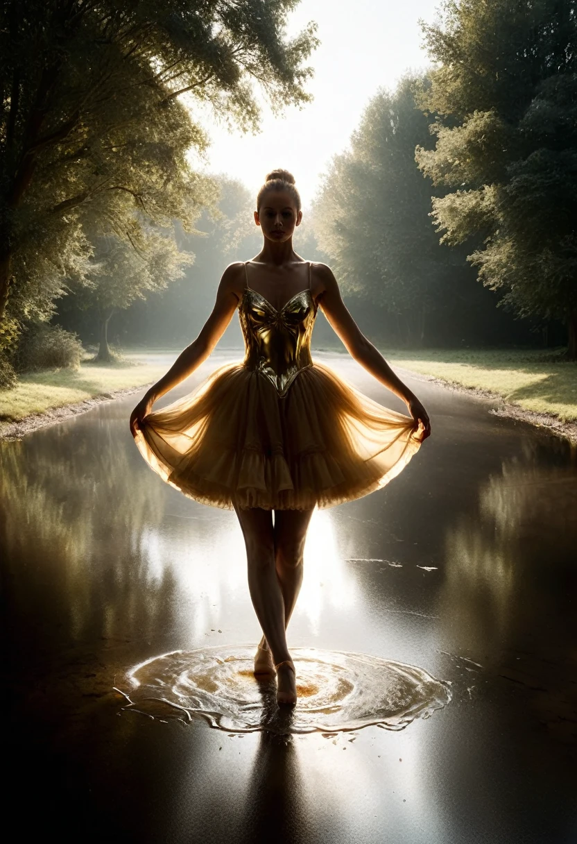 (mercure composé d'une ballerine : 1.8) rising from a puddle of liquid mercury, extremely shiny and smooth surface texture, surface polie, reflective, angle de 45 degrés par rapport à l'avant, classical dance pose, Danser sous une pluie de mercure, goute de mercure, masterpiece, best quality, 1fille, bare, Delicate face, white skinned woman, Silhouette transparente, golden dress, tout le corps,Outside,shadowy,Blurred background, Dé-focalisation de l'arrière-plan 