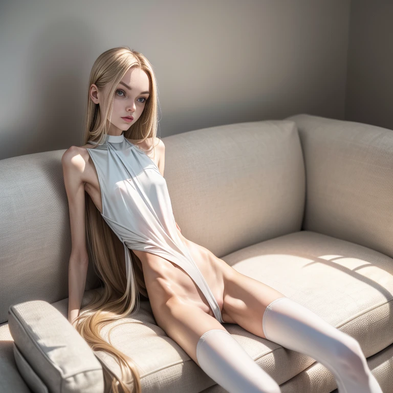 artistic photo of a slim white girl, 23 years old, Kenzie Reves, extremely long blond hair, (Extremely thin and slender lower body:1.1),(The legs are very slender and thin:1.25) soft light, sitting on a white sofa, white tshirt, white thighhighs
