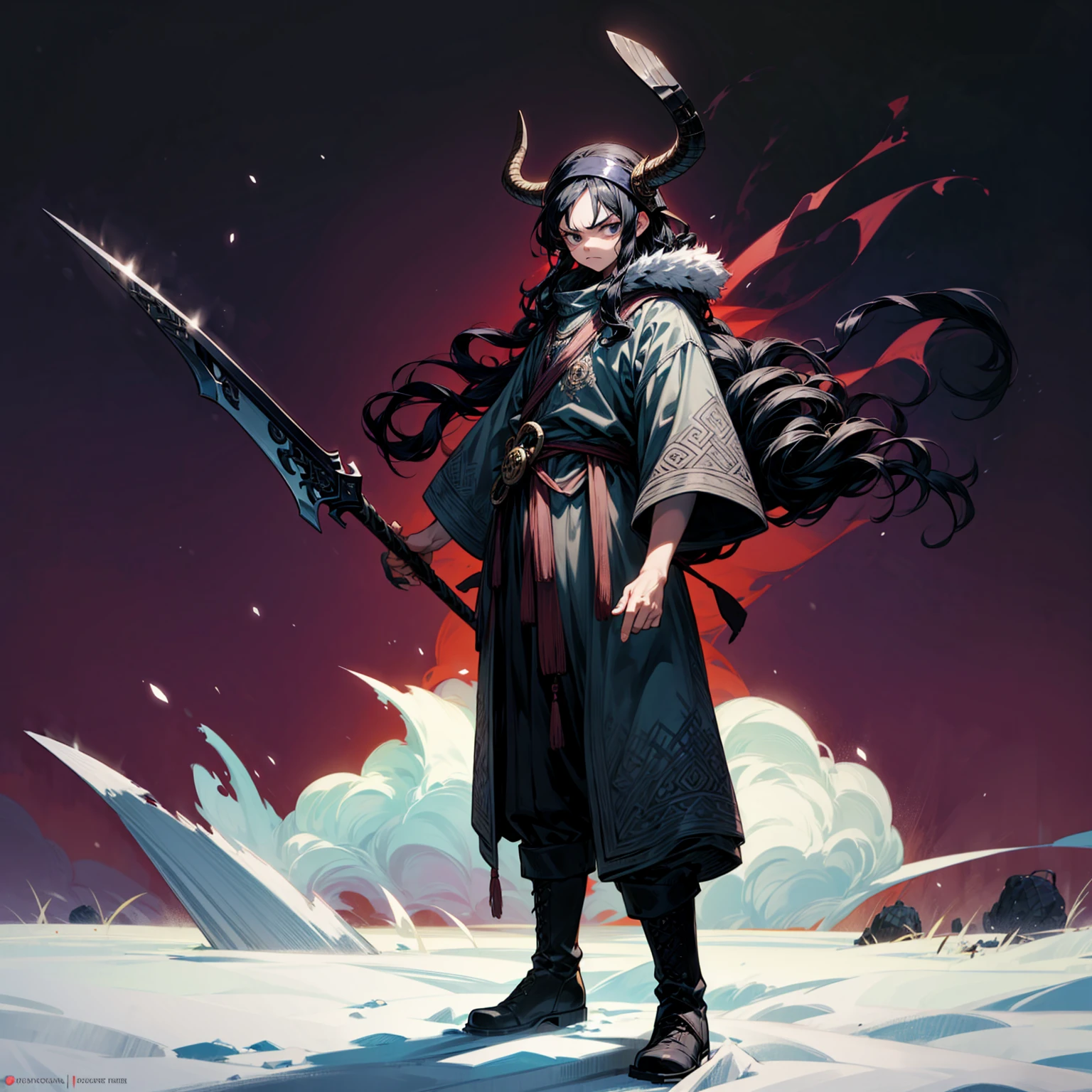 Grassroot, Full body version, solo, boy, black eyes, black hair, long curly hairstyle, Vikings style clothing, boots, Vikings helmets, full background in field snow, (one piece style art), standing gesture, angry eyes