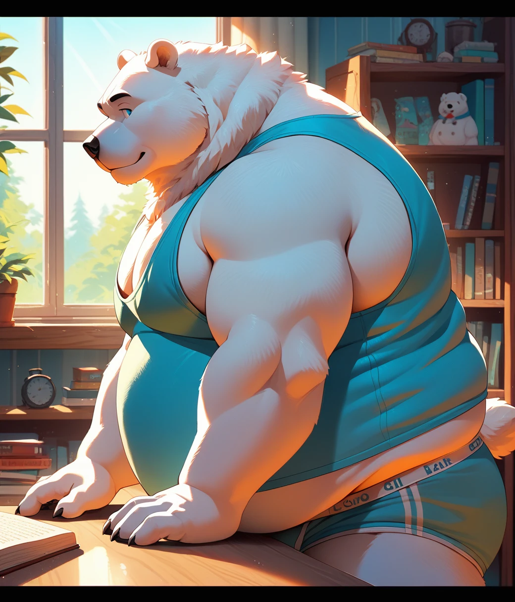 (cute, fat, obese, anthro, male, polar bear), nude, (((cropped cyan tank top, cyan briefs))), room, window, book shelf, table, sunlight, ambient lighting, full of effects, centered, dynamic, highly detailed, intricate details, detailxl 
