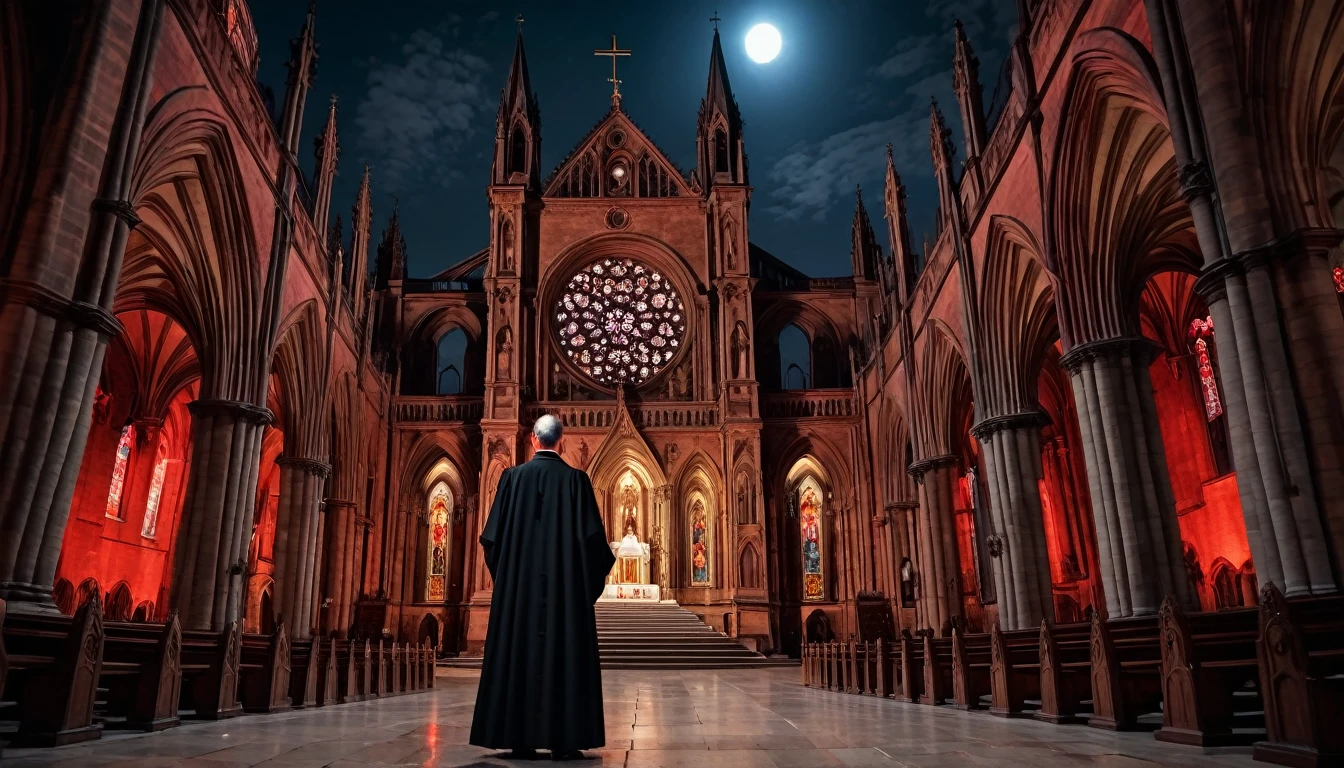 Scary horror image of a cathedral church, at night with a priest standing in front, with a background of reddish terror, PICTURE REALISTIC, high resolution, 8k