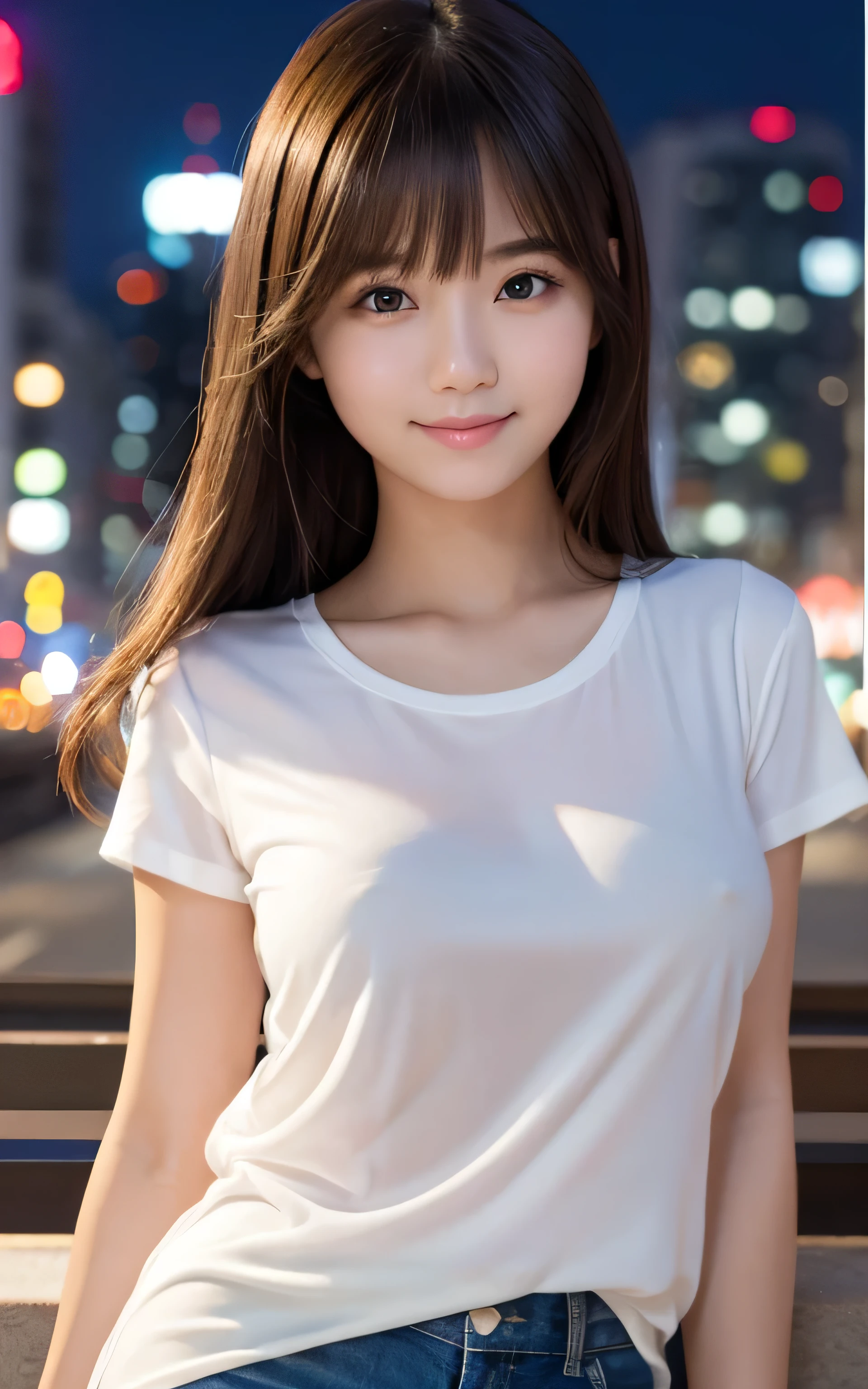 Tabletop, Highest quality, shape, Very detailed, High resolution, 8k wallpaper, Perfect dynamic composition, One Japanese woman,Beautiful and beautiful eyes, Cute eyes,Natural Lip,Mid-chest,,Full body pose,,white T-shirt,Black miniskirt,(see-through nipples:1.1),Downtown at night,Very fine grain definition,(Round face),beautiful girl,,Realistic,Tiny bangs,Droopy eyes,A shy smile,Brown Hair,Aligned teeth,