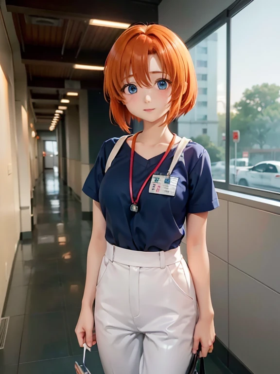 girl, alone, ((Rena Ryuuguu, orange hair, short hair, Blue eyes)), 医療用scrub、scrub、Female nurse、Hold in hand、Short sleeve、Long trousers, (ID card)、strap、Hospital corridor、Warm lighting、sense of cleanliness