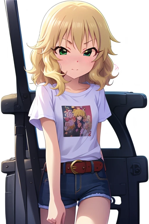 2D, anime, anime coloring, (solid white background:1.3) Sakurai Momoka, blonde hair, green eyes, short hair, blush, looking at viewer, wavy hair, t-shirt, white shirt, belt, denim shorts, shorts rolled, idle