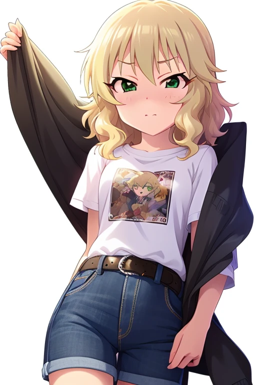 2D, anime, anime coloring, (solid white background:1.3) Sakurai Momoka, blonde hair, green eyes, short hair, blush, looking at viewer, wavy hair, t-shirt, white shirt, belt, denim shorts, shorts rolled, idle