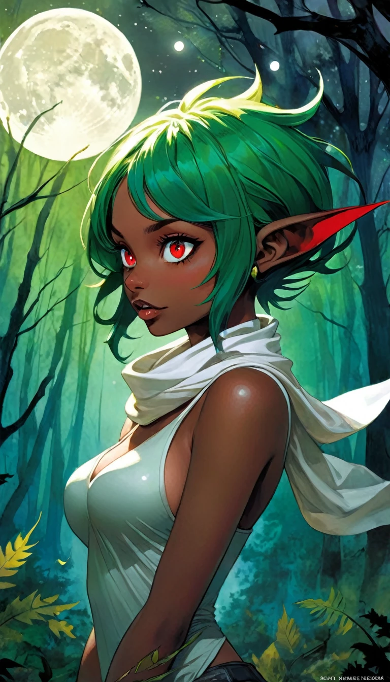 《masterpiece》, 《best quality》, 《ultra-detailed》, 1girl, cute, wild, '(multicolored_hair)', '(green and red hair)', ((green and red hair:1.4)), ((split hair:1.4)), ((green hair:1.3)), '((bright red eyes))', '(((dark skin)))', '(((black sharp nails)))', '((fang))', '(((dark green red metallic exoskeleton)))', '(((white scarf)))', '((((white scarf blowing in the wind))))', '(((dorsal fin)))', '((((dorsal fin hair ornaments))))', '(((Victory Roar)))', '(((Anxious face)))', '((((open mouth))))', '((fang))', '((Running through the forest))', '(((upper body angle)))', '((((Dark Forest))))', '((((moon night))))',Bill Sienkiewicz and Dave mcKean inspired art