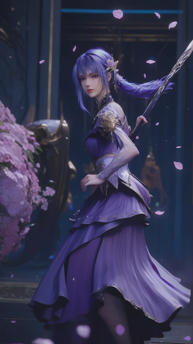 A beautiful woman with perfect curves wearing a long purple dress that gently flutters in the air,The beautiful woman was lie down in a sea of beautiful flowers surrounding her, Chinese traditional, her flexible body increasing with every movement, So enchanting, the dim candlelight, the glowing butterflies fighting the darkness of the night, the light of the moon, The night wind blowing the curtains, the purple flower petals , flower petals flying around the room, Chinese dancing, This woman is so beautiful that she attracts everyone who watches her, ancient China, imperial empress