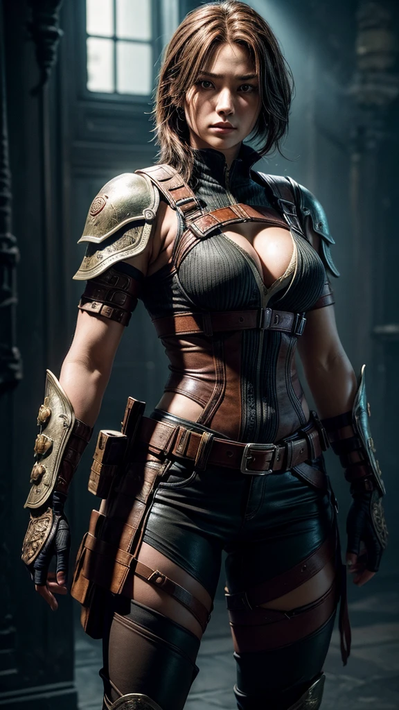 a highly detailed and dynamic character portrait of a female warrior, standing tall and proud, her fighter companion by her side, reminiscent of Leon Kennedy from the video game series, vibrant colors, masterful lighting, intricate details, photorealistic