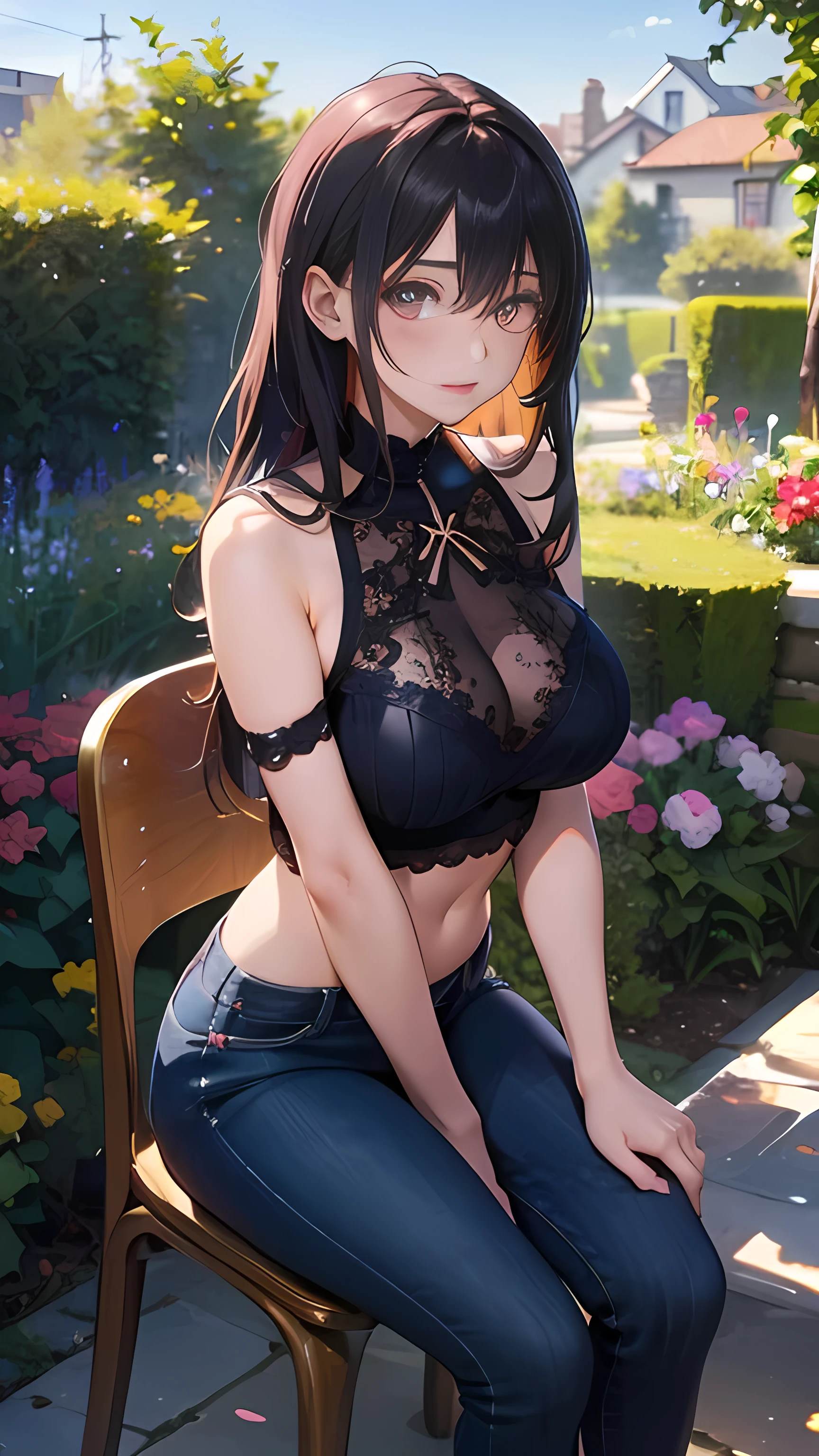 illustration:Ultra-delicate,Big Breasts 1:5,Black jeans1:5,Black lace underwear1:5,No shoulder straps1:5,Pink long hair,The background is the garden,There are chairs in the garden,sit on the chair