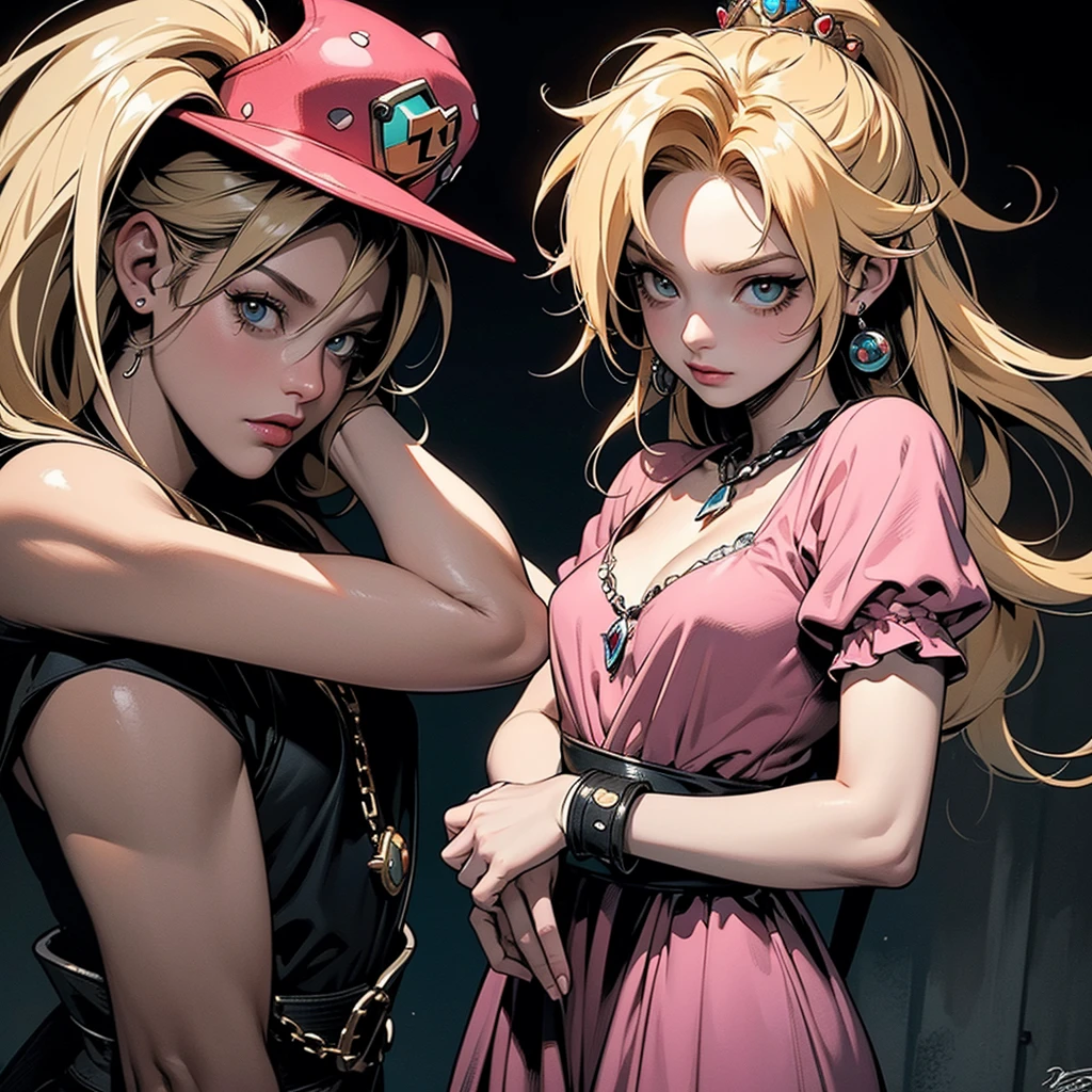 "Create a gritty, punk-style image featuring three characters: a distressed version of Princess Peach with long blonde hair, wearing a torn pink dress with a crown logo, and chains around her wrists. She stands between zombie-like versions of Mario and Luigi, both in their signature outfits but looking ragged and chained. The background is dark and grungy with a post-apocalyptic vibe. Include the 'Super Mario' and 'Super Nintendo' logos, a floating 1-Up mushroom, and other small details enhancing the dark theme. Use a detailed and somewhat grotesque comic book art style with heavy shading and textures."
